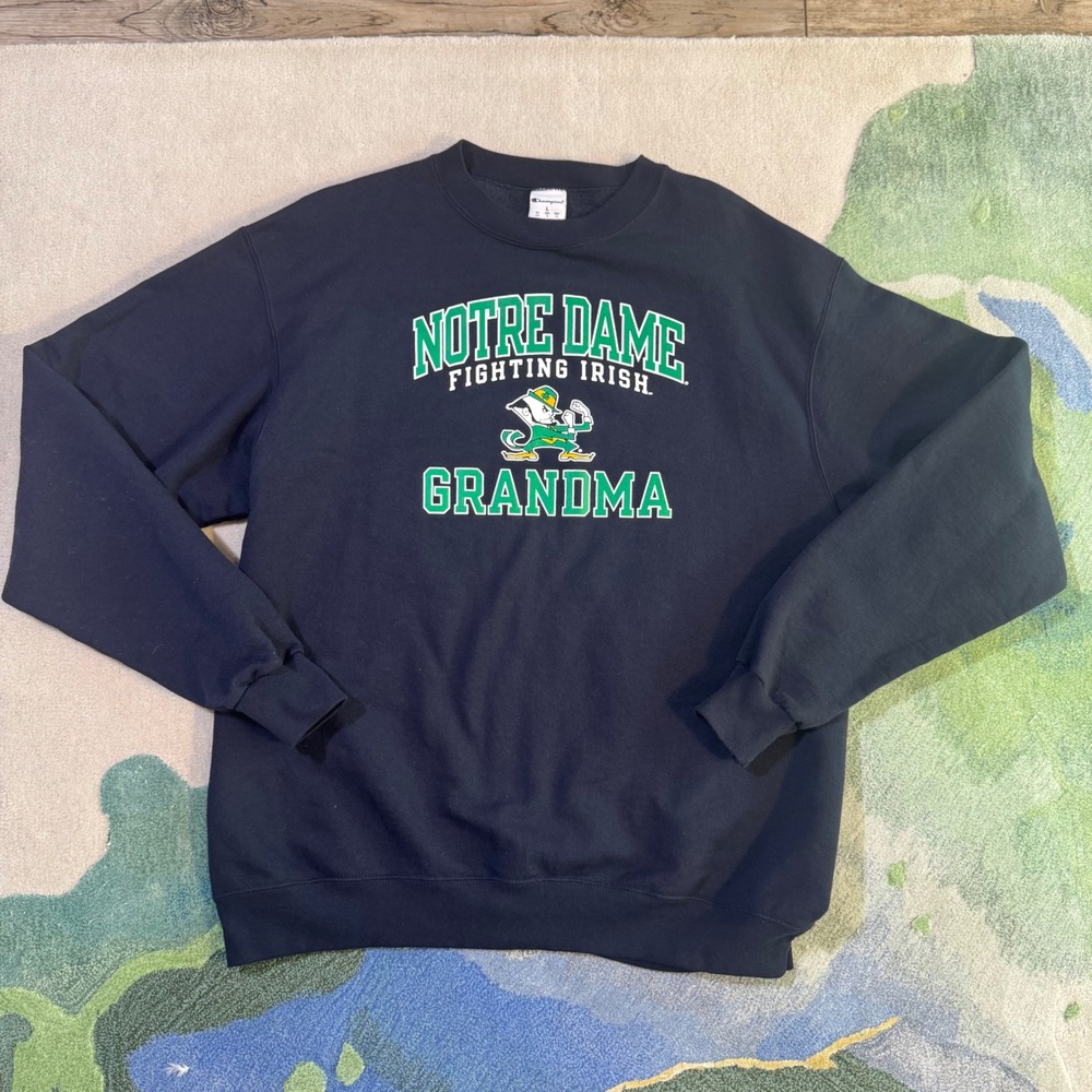 Champion Notre Dame Fighting Irish Grandma Sweatshirt Navy Blue Large L Crewneck